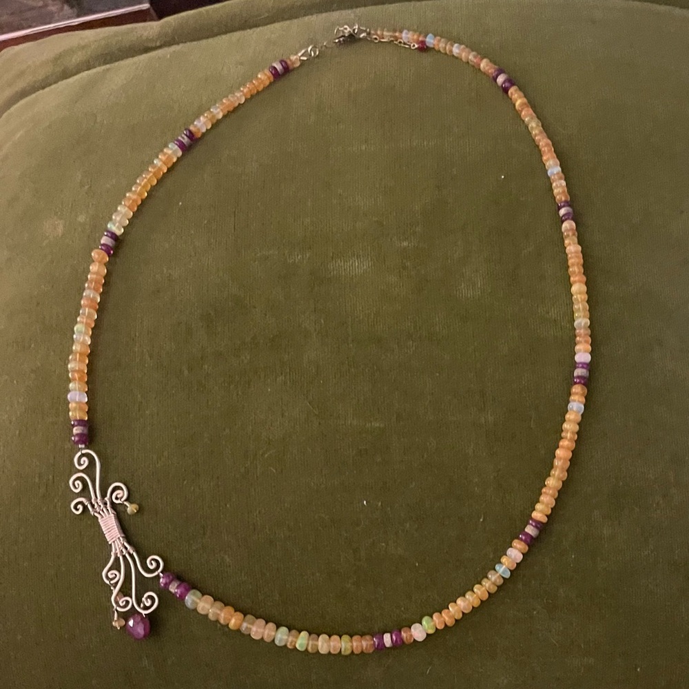 Hand made opal and ruby necklace.